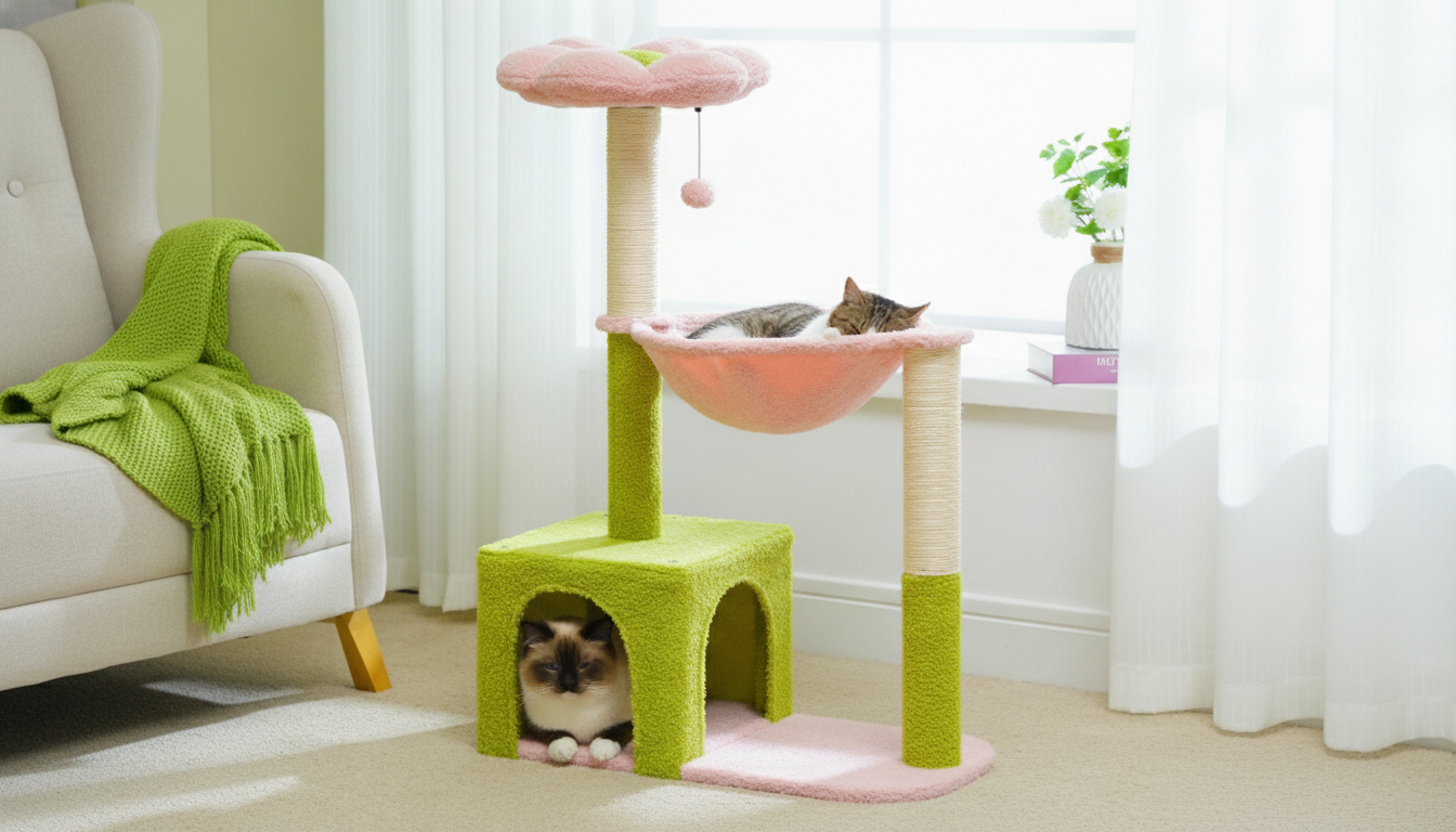 Flower Cat Tree Hammock: Metal Frame, Big Cozy Perch