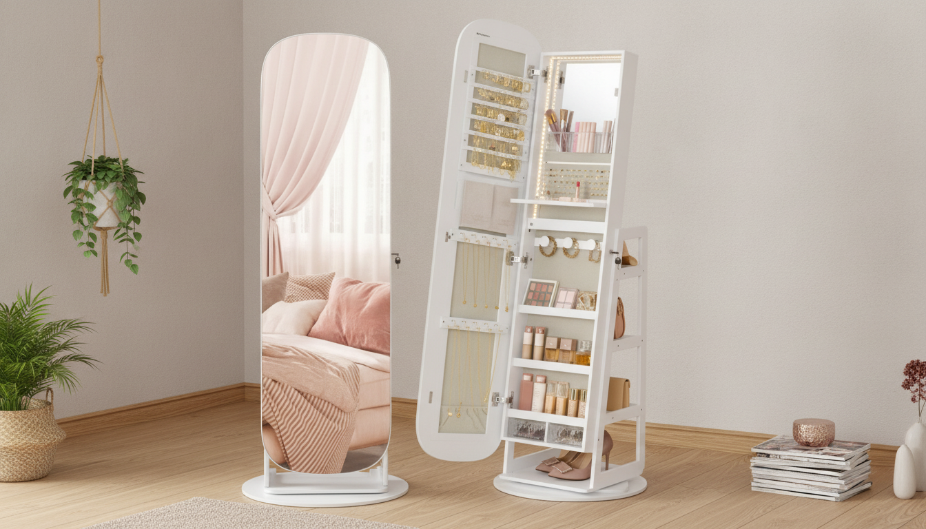 Lockable 360 Swivel Mirror Jewelry Cabinet with LEDs