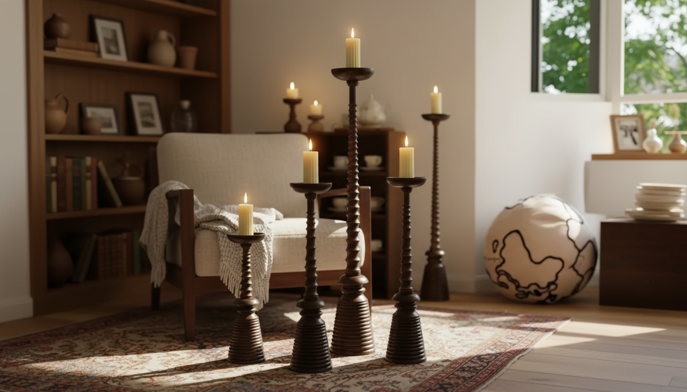 Retro Solid Wood Floor Candle Holders for Warm Height