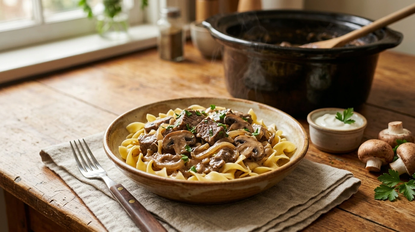 Creamy Slow Cooker Beef Stroganoff (No Watery Sauce)