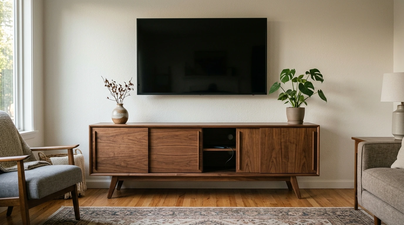 69-Inch Mid Century TV Stand With Charging + Sliding Doors