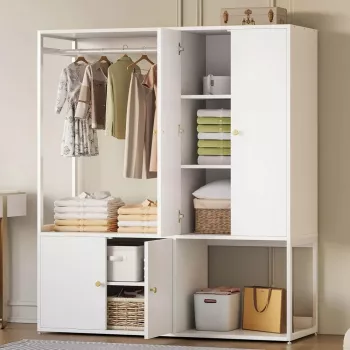 White 4-Door Wardrobe Closet: Hanging Rod + Shelves