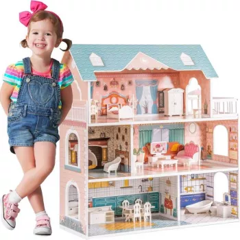 Wooden Dollhouse Playset: 28 Pieces for 3.3" Dolls